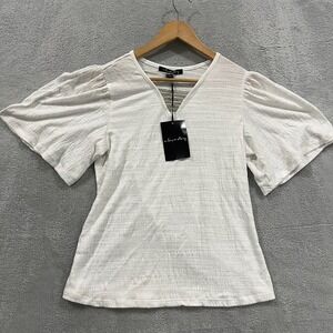 Y2K Crystal Swarovski Neck Top Blouse Flutter‎ NEW White V Neck Boho Lightweight